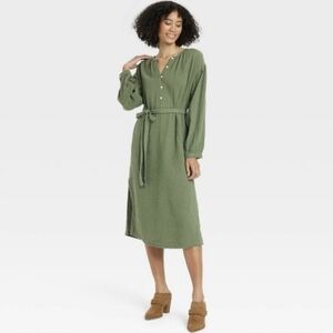 NWT Women's Balloon Long Sleeve Tie-Front Shirtdress Universal Thread Green Sz S